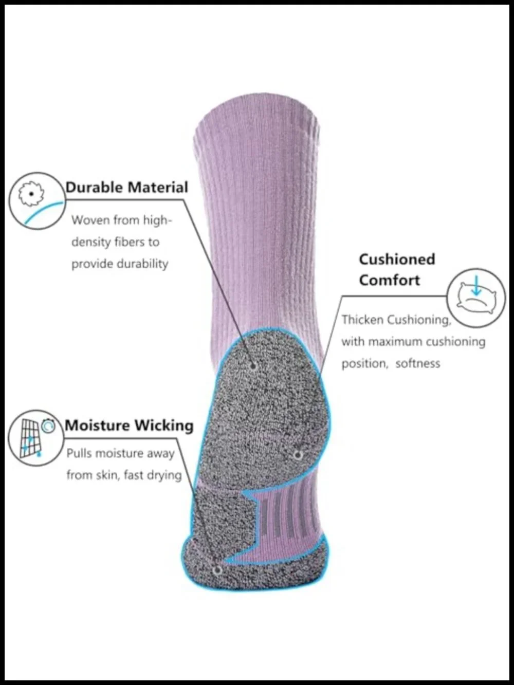 Cushioned Hiking Crew Socks, Moisture Wicking, Arch Compression, 3 Pairs